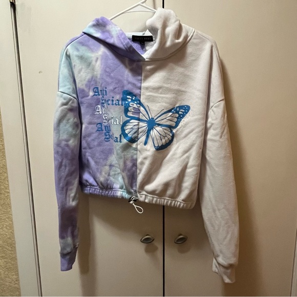 Tie Dye Purple and White Cropped ‘Anti Social Butterfly’ Hoodie - Picture 1 of 7